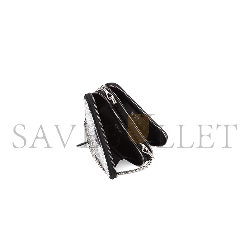 Pra*a triangular embellished satin and leather mini-pouch 1nr015 (15*15*10cm)